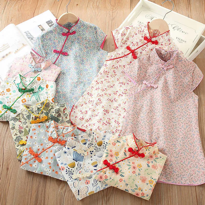 Zomer 2 3 4 6 7 8 9 10 jaar Chinese etnische vintage stijl crew hals floral katoen cheongsam jurk voor kinderen baby meisje 210529