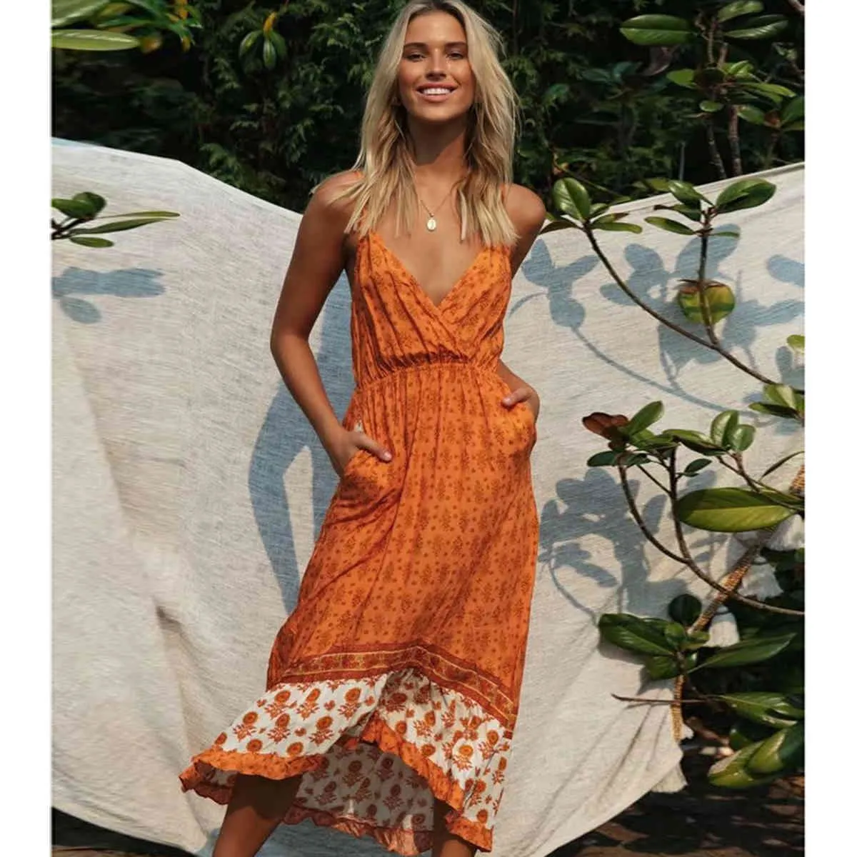 Hippie stampa floreale stampata estiva cinturino maxi abito senza maniche scollo a V vintage Cami abiti Boho Beach casual abiti slip da donna 210419