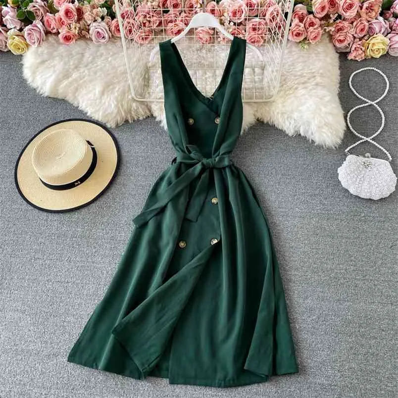 Summer Retro Double-breasted Vestidos Women's Lace-up Waist and Thin Temperament V-neck Sleeveless Split Midi Dress C856 210506