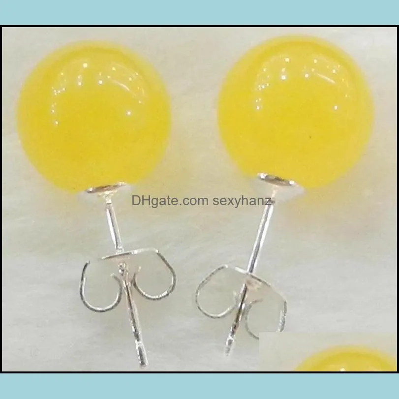 Other 2pcs 10mm Jewelry Natural Yellow Jade & Sterling Silver Stud Earrings