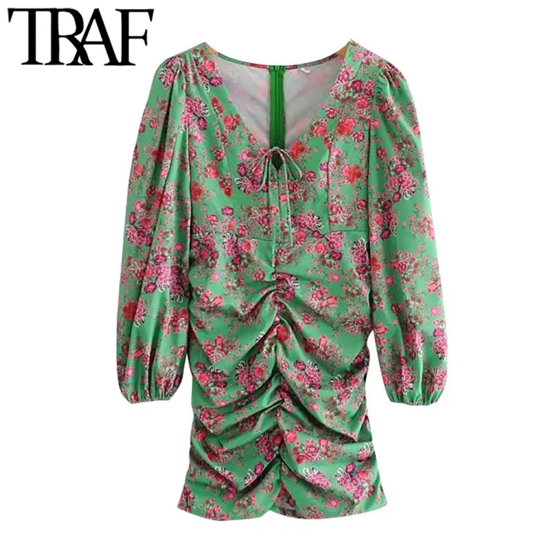 Traf dames chique mode bloemen print geplooide mini jurk vintage lantaarn mouw rug ritsjurken vrouwelijke jurken vestidos 210415