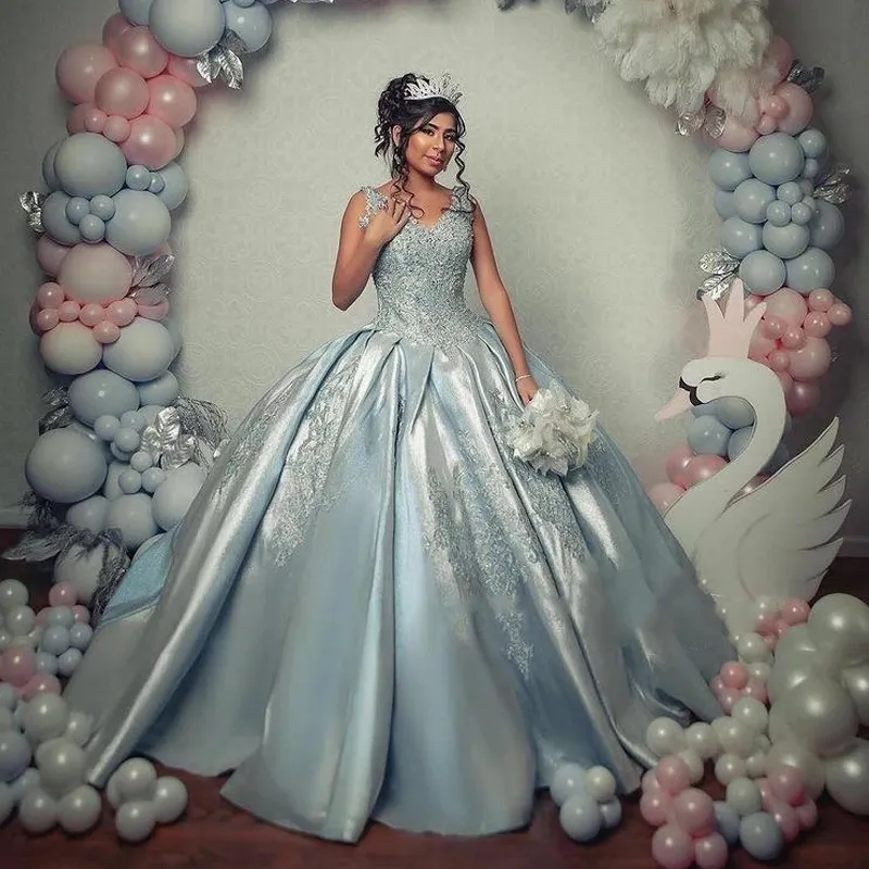 Небесно-голубое шариковое платье Quinceanera платья из бисера 3d цветы v шеи формальные выпускные платья сладостные 16 платье vestido de 15 anos