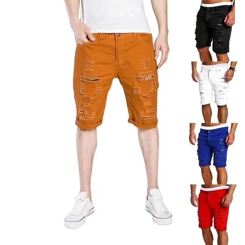 Buraco Zipper Mid Cintura Shorts Homens Solid Jean Shorts 210329