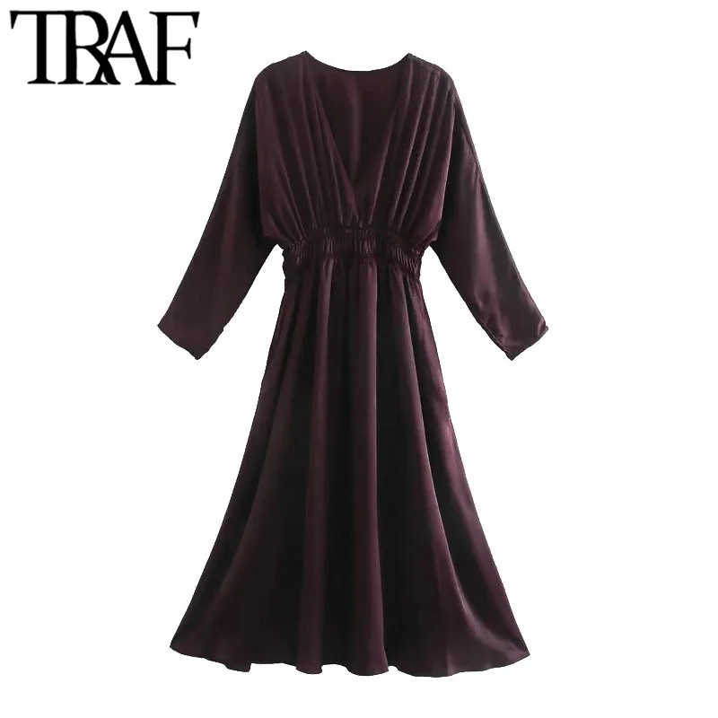 TRAF femmes Chic mode avec taille élastique confortable robe mi-longue Vintage col en V à manches longues femmes robes Vestidos Mujer 210415