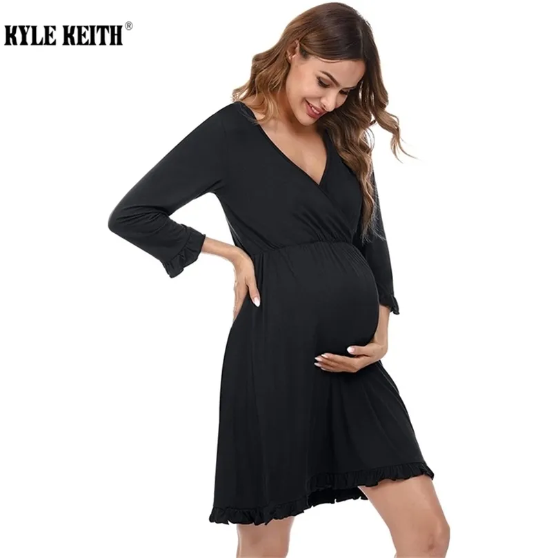 Pregnancy Black Gray Maternity Long Sleeve Dresses Casual Nursing Nightgown Breastfeeding Sleepwear Clothes Plus Size S-2XL 210922