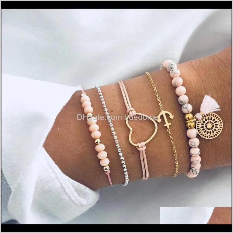 bracelets set 5pcs/set pink bead strands heart 8 anchor accessory tassel charm string gold color plated bead chain hollow-out disc