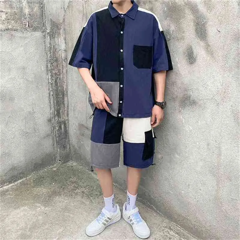 Мужской набор одежда рубашка шорты костюма лоскутный карманный карманный корейский стиль лето негабаритных повседневных хлопка короткие брюки длиной до колена мода 210806