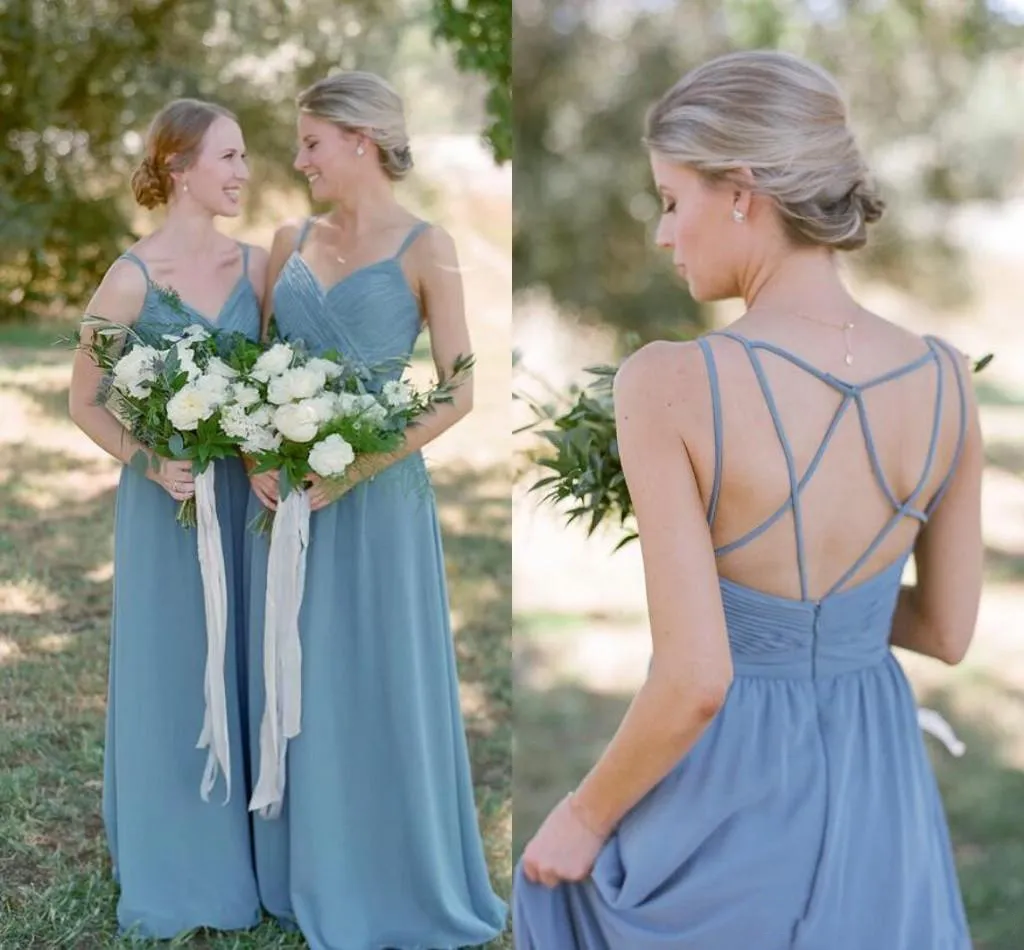 Abito da damigella d'onore a trapezio con cinturini incrociati vestido de festa de casamento 2021 abiti da damigella d'onore junior boho blu polveroso