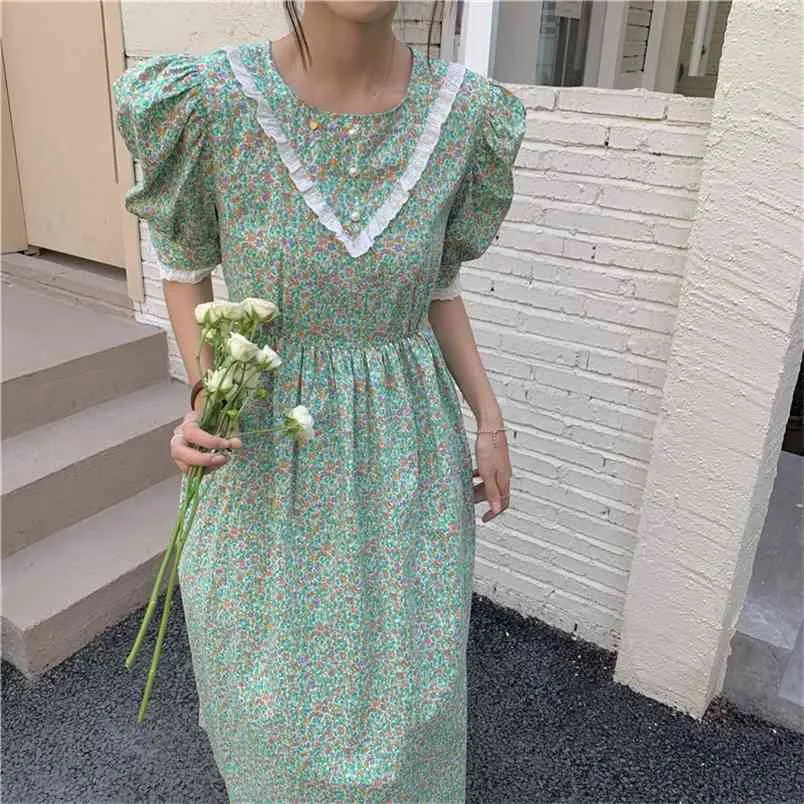 Sommarklänning Mode Eleganta Söta Blommor O-Neck Puff Sleeve Casual Lace Up Waist Slim Dresses Kvinna 210519