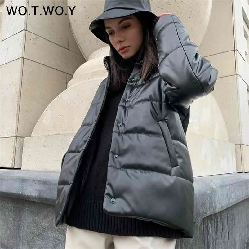 WOTWOY coton doublure hiver veste en cuir femmes décontracté épaississement rembourré Parkas lâche chaud noir manteaux femme coupe-vent 210819