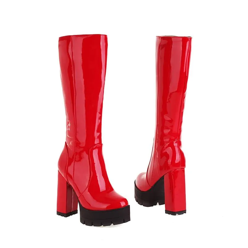 Botas Patentes PU Cuero Plataforma Mujeres Rodilla Alta moda Heel Long Autumn Winter Zipper Black Red