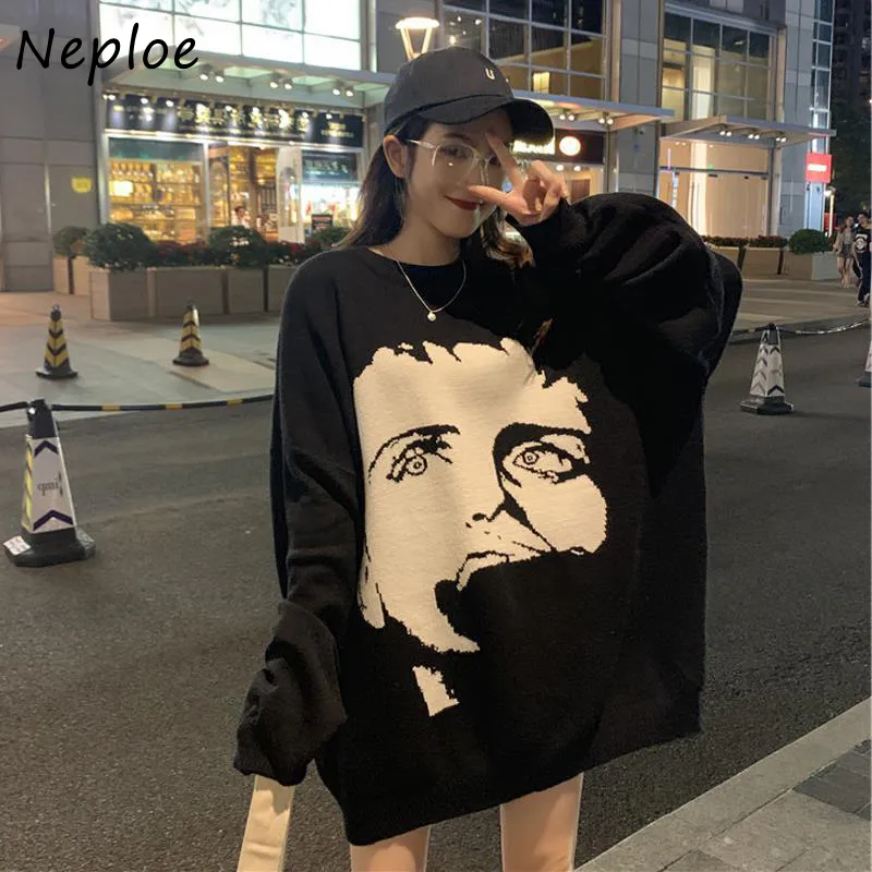 NEPLOE Loose Crazy Style Knit Sweter Kobiety O Neck Sweter Długim Rękawem Pull Femme Fashion Print Winter Sueter Feminino 210510