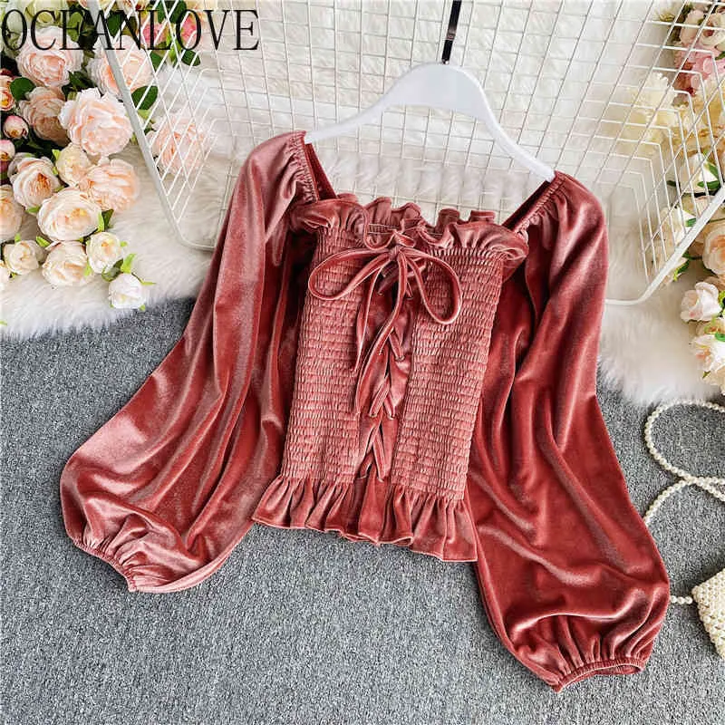 Velour Women Blouses Solid Lace Up Bow Sweet Höst Korta Skjortor Elegant Koreansk Puff Sleeve Blusas Stretch 18680 210415