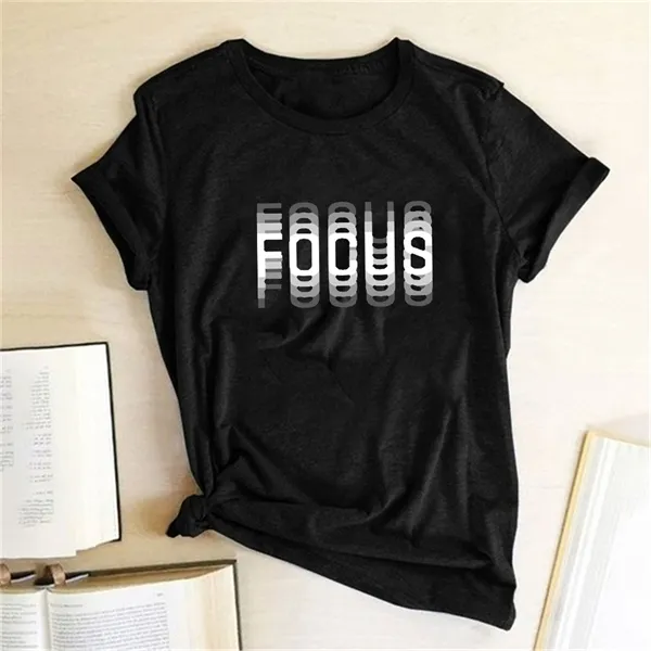 Fokus Druck T-shirts Frauen Kurzarm Rundhals Beiläufige Lose Sommer Hemd Frauen Graphic Tee Ästhetische Kleidung Tops 2020 Heißer x0628