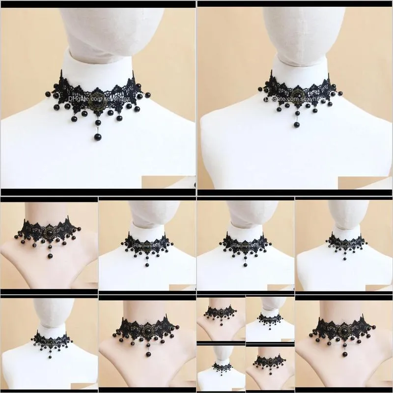 Chokers Halsketten Anhänger Drop Lieferung 2021 Mode Gothic Viktorianischen Kristall Quaste Tattoo Halskette Schwarz Spitze Choker Kragen Punk Vintage