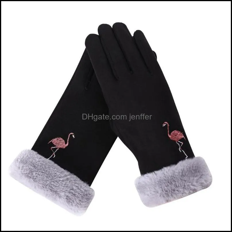 Fingerless Gloves MISS M Women`s Winter Outdoor Flamingo Pattern Touch Screen Warm Casual Fashionable Suede Fabric Lady Pink1