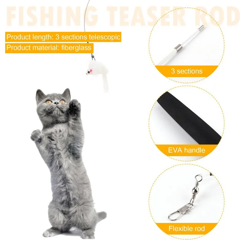 Retractable Cat Teaser Fishing Wand With Stick Rod Fun Toy For Cat