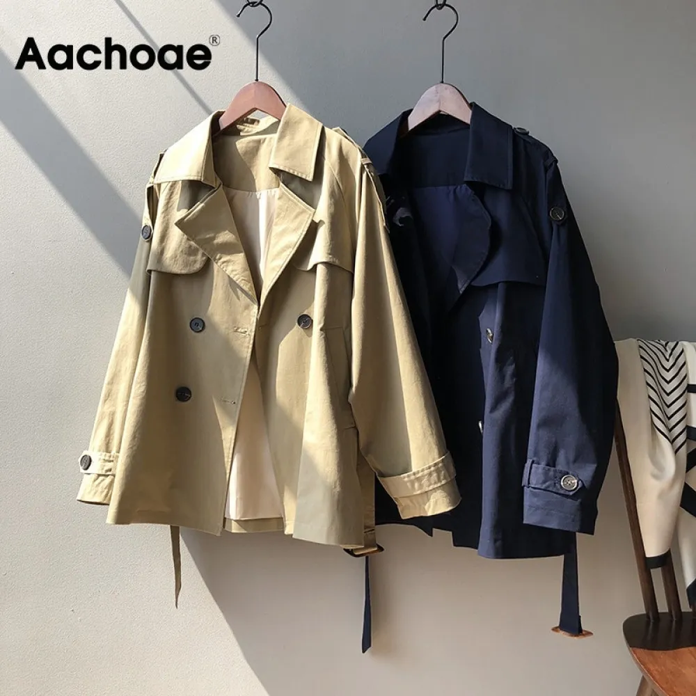 Aachoae Womens Windbreakers Fashion Tinta unita Monopetto Trench Manica lunga Tasche casual Outwear Fusciacche Cappotto 210413