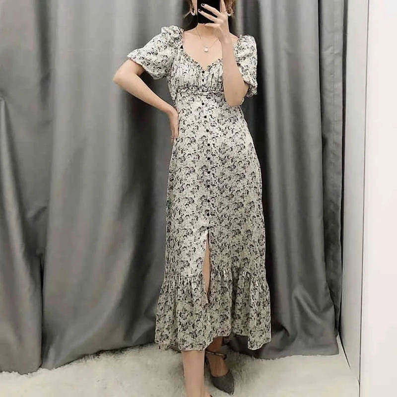 Vit Casual Midi Dress Summer Women Floral Print Dress Holiday Boho Beach Dress Vestidos Knapp Slit Sundress 210415