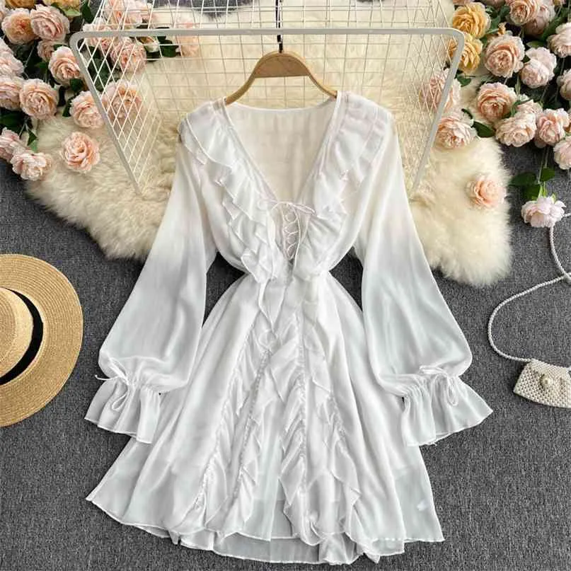 Kvinnor mode söt vår sommar v nacke dubbelskiktad trä öra långärmad vit mini a-line klänning elegant vestidos s430 210527