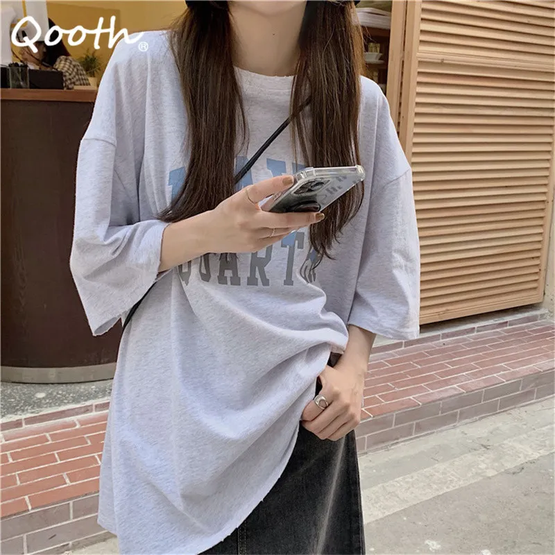 Qooth Mid-Length Algodão Mistura carta impressa t-shirt grandes Oversized O-pescoço de manga curta Solta Causal Camisa Das Mulheres Verão Tops QT745 210518