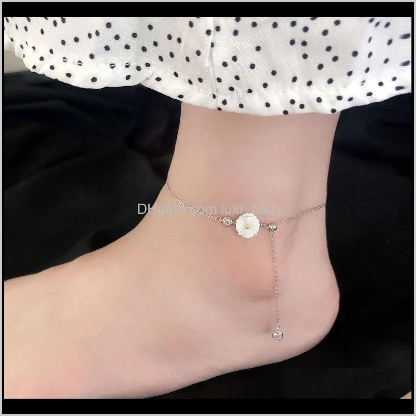 muqi s925 sterling silver shell, small daisy pulling chain, lovely student`s foot ornament in summer, girl`s cool wind