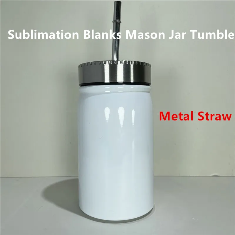 17oz Sublimation Blanks Mason Jar Tumbler with Metal 500ml Straws Stainless Steel Tumbler Jar Mason Cup Juice Mug Double Wall Mason Cans