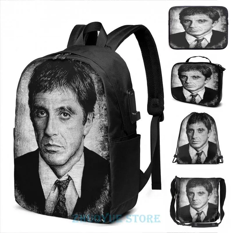 Rucksack mit lustigem Grafikdruck, Narbengesicht (4), USB-Aufladung, für Herren, Schultaschen, Damen, Tasche, Reise, Laptop