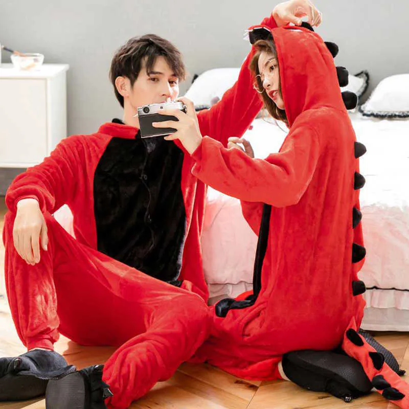 Kigurumi Dorosłych Piżama Zwierząt Jednorożec Rainbow Kobiety Mężczyźni Dinozaur Zima Piżama garnitur Dragon Onesies Sleepwear Flanel Sets 210908