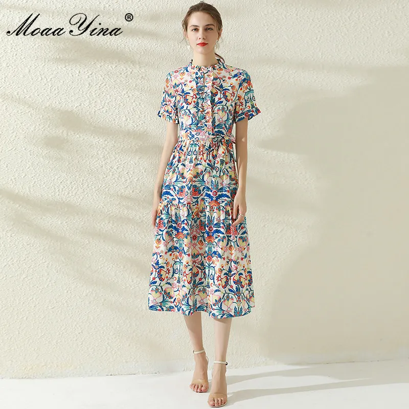 Moda Tasarımcısı Yaz Elbise kadın Kısa Kollu Kemer Yüksek Bel Çiçek Baskı Vintage MIDI Vestidos 210524