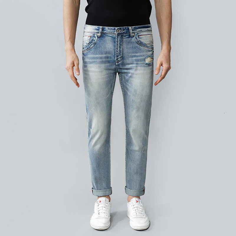 Europese vintage mode mannen jeans hoge kwaliteit redline ontwerper slim fit gescheurde retro lichtblauwe casual denim broek
