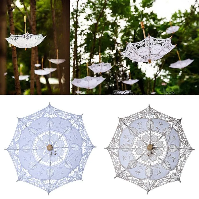 2021 Bröllop spets paraply bomull broderi brud vit beige parasol sol för dekoration fotografi