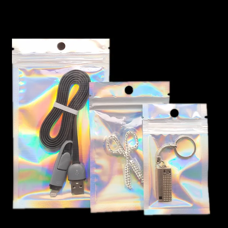 Resealable Mylar Packages Packing Bags 20*30cm Laser Holographic Color Smell Proof Bag Clear Zip Lock Food Candy Storage Flash aluminum foil Plastic