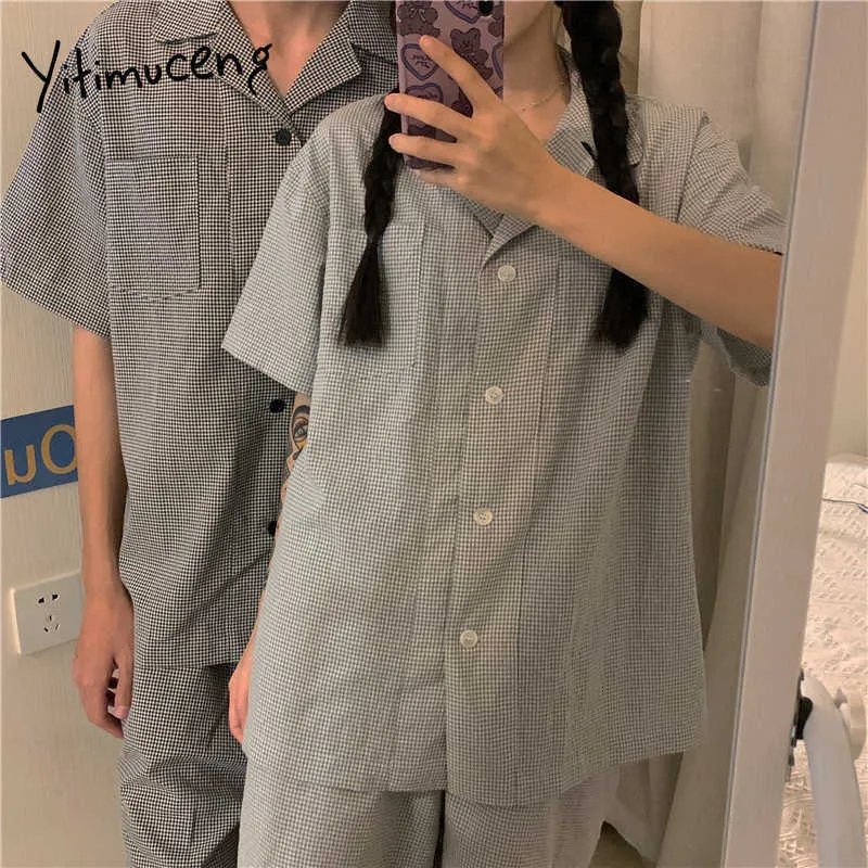 Yitimuceng 2 Piece Graphic Blouse and Shorts Women Plaid Button Up Oversized Couple Suit Gray Black Summer Japanese 210601