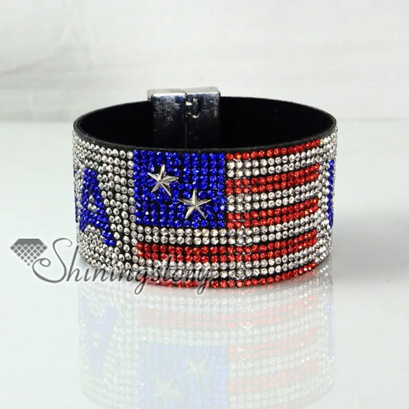 Skórzany Kryształ Rhinestone UK USA Flag Snap Wrap Plotke Bransoletki Wysokiej Mody Biżuteria Handmade Moda Biżuteria