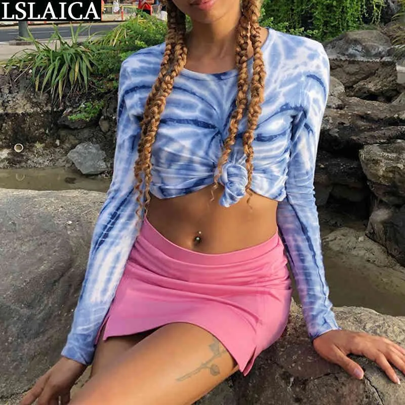 Crop Tops Kobiety Tie Dye Koszula Z Długim Rękawem Kobiety Oneck T Jesień Dorywczo S Streetwear Moda Slim Mujer Camisetas 210520