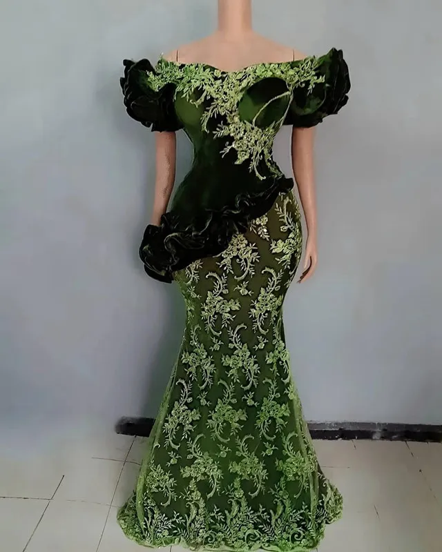 Klassische grüne Meerjungfrau-Abendkleider mit kurzen Ärmeln, geschwollener Samt, applizierte Spitze, Damen-Abendkleid in Übergröße, nach Maß, Robe de Mari￩e