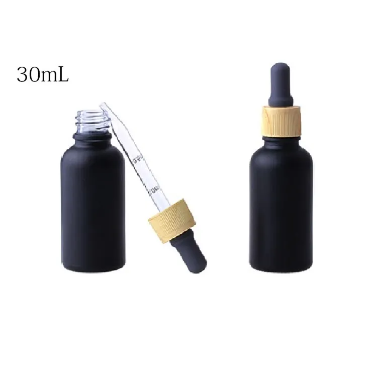 Matte Black Glass e liquid Essential Oil Perfume Bottle with Reagent Pipette Dropper and Wood Grain Cap 10/30ml