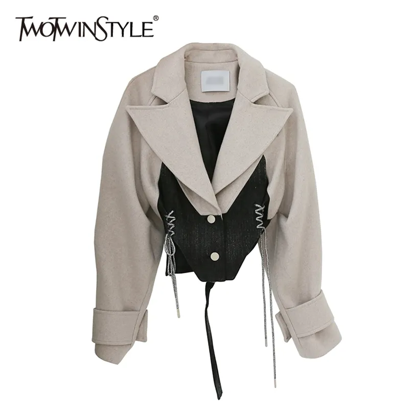 TWOTWINSTYLE Patchwork Lace Up Bowknot Veste Pour Femmes Revers À Manches Longues Tops Courts Femme Mode Vêtements Automne 211109