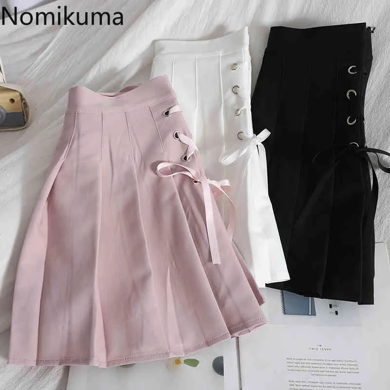 Nomikuma cordão lace up mini saias mulheres unicolor ocasional cintura alta plissada saia feminina estilo coreano all-match faldas 210514