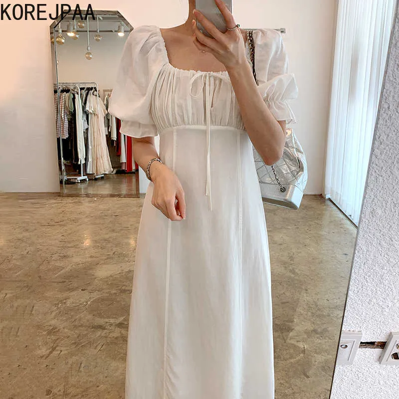 KOREJPAA Mulheres Vestido Coréia Chic Simples Gentil Elegante Quadrado Colar Laço Com Bolha Plissada Mangas de Bolha Vestido 210526