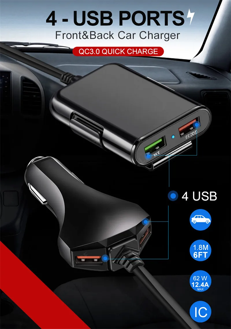 12A QC3.0 Frente e Carregador de Carro do Carro de Assento Rápido 4 USB com 1,7m Cable Multi-Port Charger Quatro Port Carregador de Carro