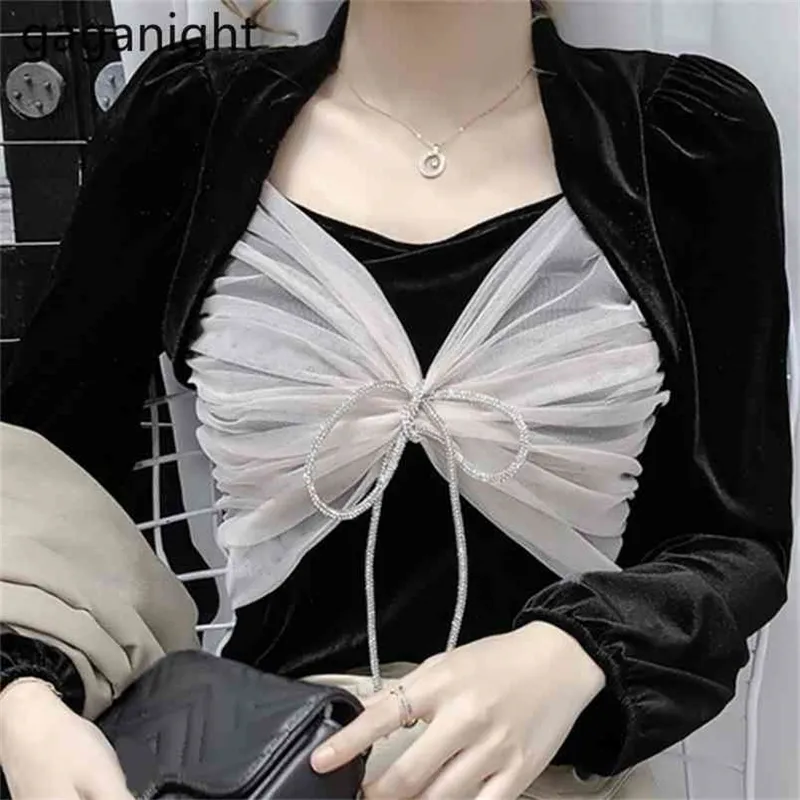 Vintage Fashion Women Velvet Blouse Black Mesh Patchwork Shirt Spring Autumn Chic Korean Blusas Lady Outwear Tops 210601