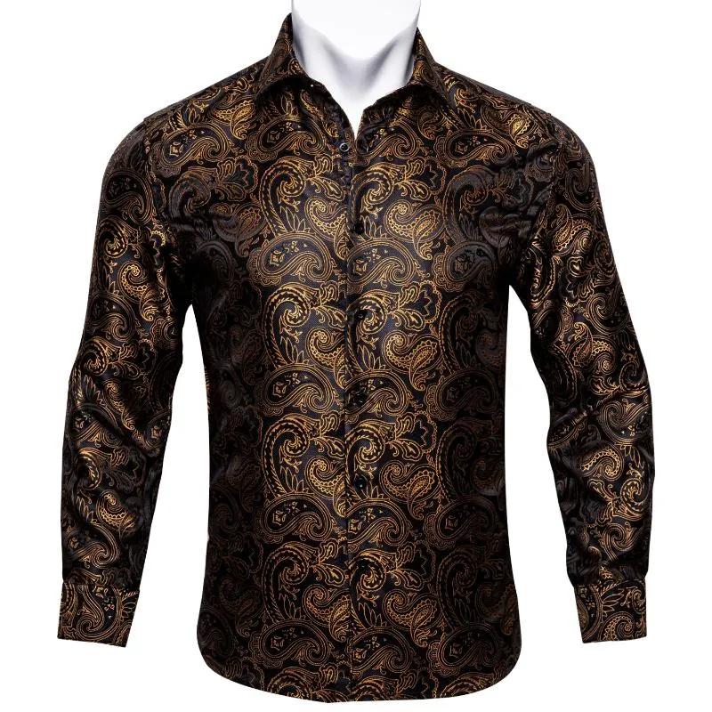 Mäns Casual Shirts Barry.Wang Black Glod Paisley Blommig Silkskjorta För Män Bröllop Tillbehör Casul Fashion Designer CC-007