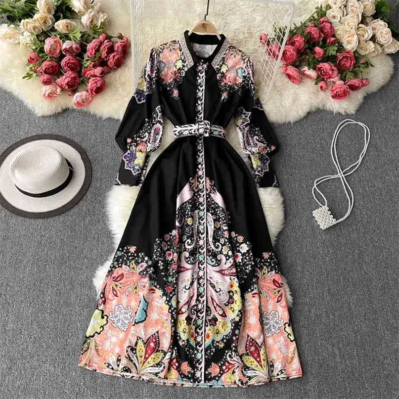 Women Fashion Style A-line Spring POLO Collar Button Slim Retro Printed Elegant Vintage Clothes Vestidos S428 210527