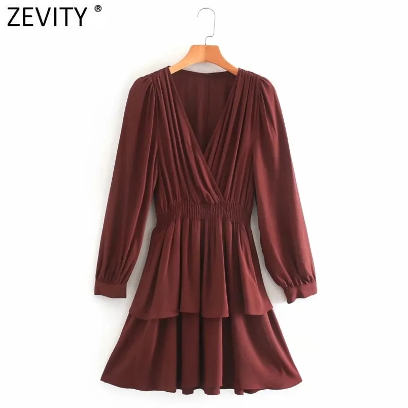 Kvinnor Vintage Press Cross V Neck Solid Casual Slim Kimono Dress Femme Dubbelskikt Ruffles Vestido Chic Cloth DS4716 210420