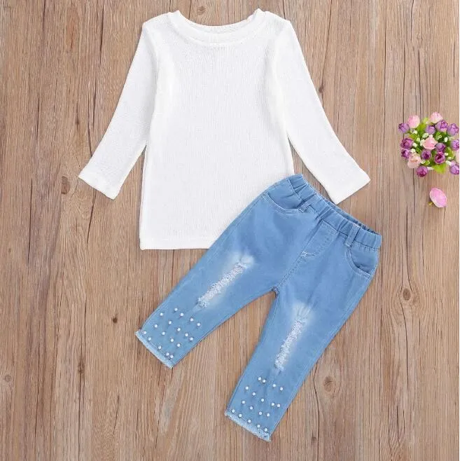 Peuter baby meisje kleding sets effen kleur ronde hals lange mouw trui tops gescheurde jeans 2 stks outfits mode kleding