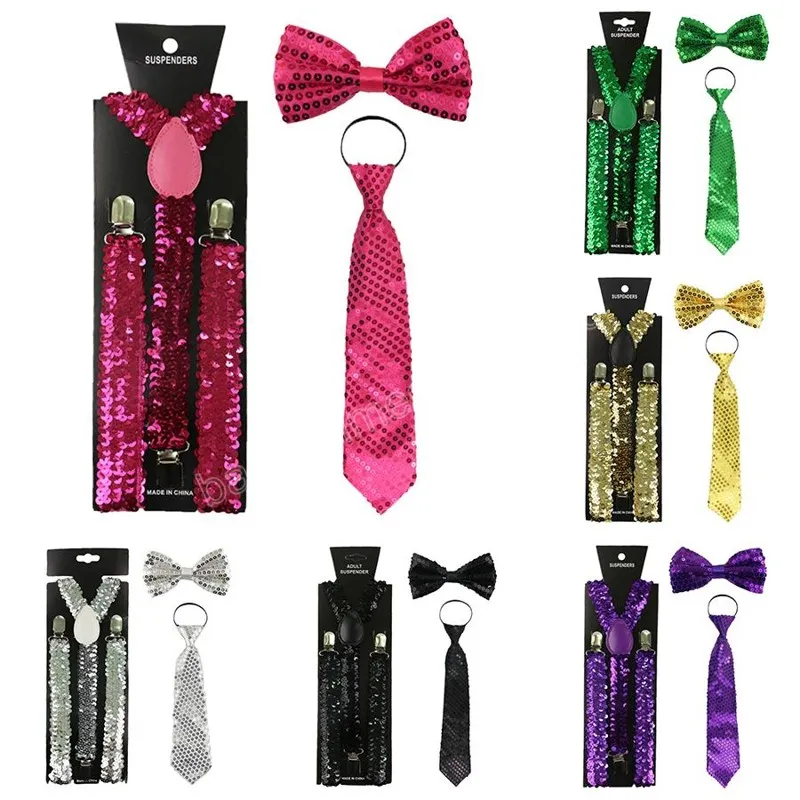 Aldult Sequin Suspenders Bow Tie Slips Set Kvinna Män Braces Elastic Suspender med Bowtie Fashion Belt Strip Clip