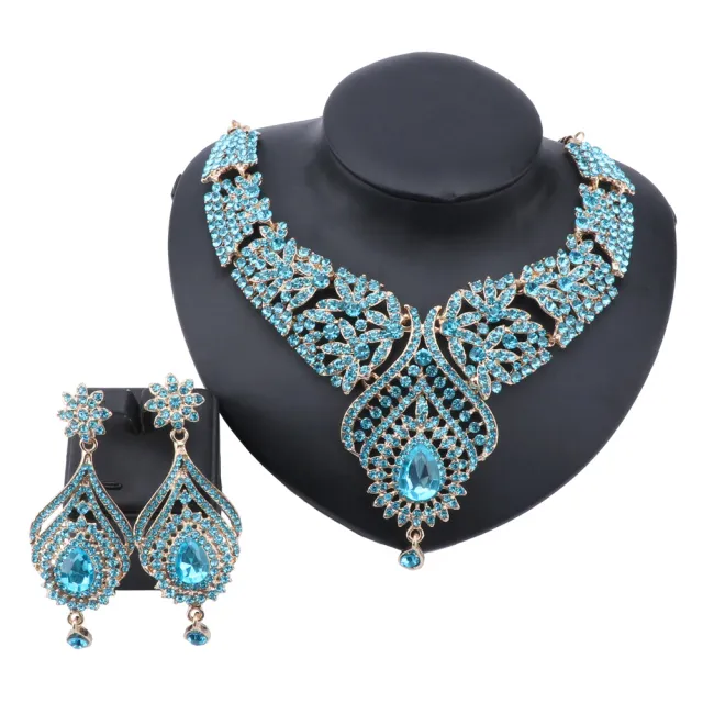 Luxury Women's Elegant Österrikiska Crystal Statement Halsband Örhängen Brudparty Smycken Set för bröllopsklänning