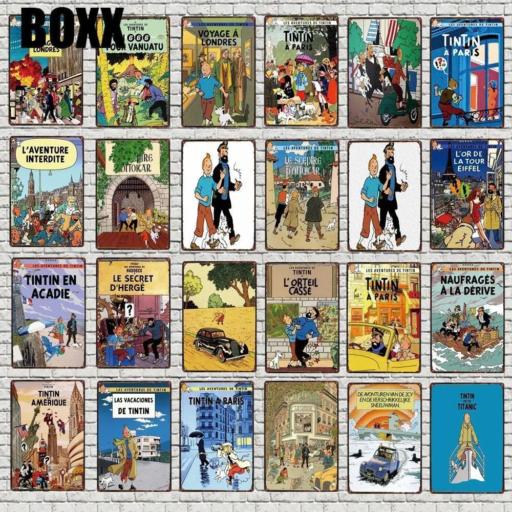 Cartel de Metal de dibujos animados de Tintin, pintura de hierro, placa de pared, Metal Vintage, Pub, habitación de niños, decoración artesanal para el hogar, póster Retro de 30X20CM